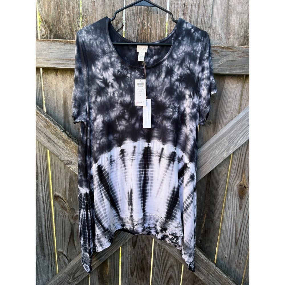 Chico's Dual Tie Dye Crochet Inset Top Tempest Black White Size 3 NEW